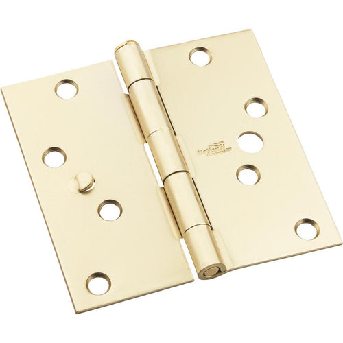 National 4 In. Satin Brass Square Door Hinge, (3-Pack)