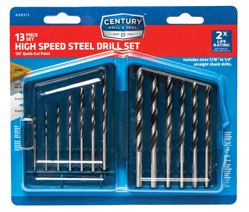 Century Drill & Tool 13 Piece High Speed Steel Drill Bit Set 1/16 To 1/4″ By 64ths