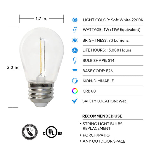 Feit Electric 1W (11W Replacement) Warm White (2200K) E26 Base S14 Filament LED String Light Bulb Replacement