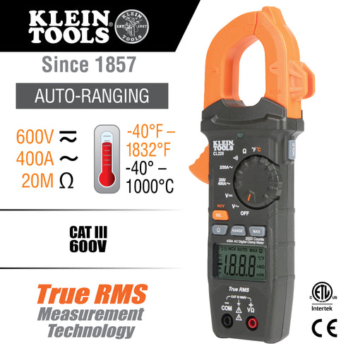 Klein Tools Digital Clamp Meter, AC Auto-Ranging 400 Amp with Temp