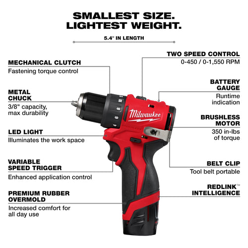 Milwaukee M12™ Subcompact Brushless 3/8 Drill/Driver Kit