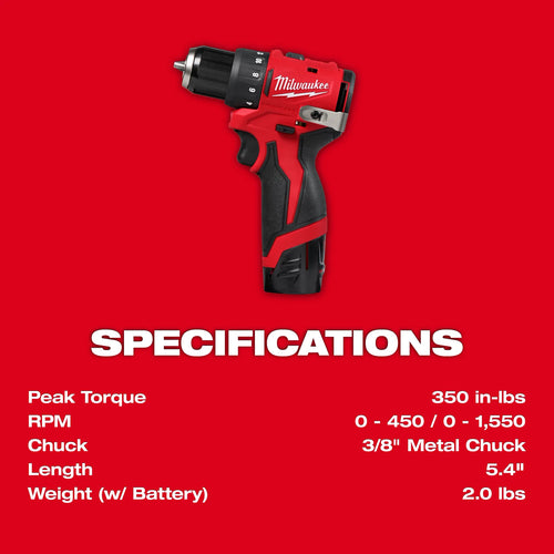 Milwaukee M12™ Subcompact Brushless 3/8 Drill/Driver Kit