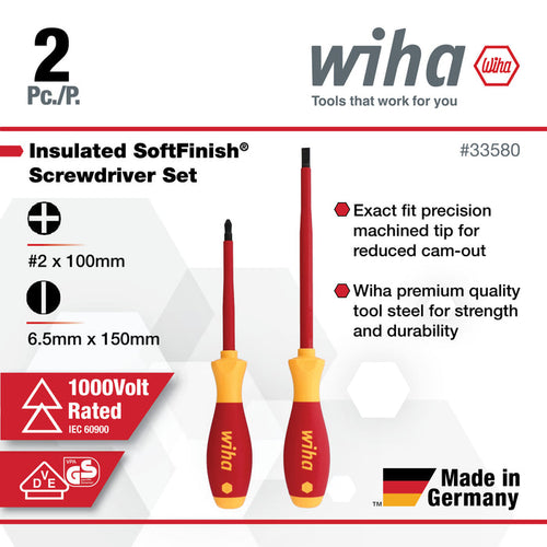 Wiha 2 Piece Insulated SoftFinish Slotted and Phillips Screwdriver Set