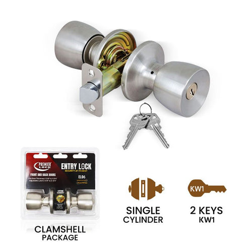 Premier Lock Stainless Steel Keyed Entry Door Knob - Tubular With 2 KW1 Keys-Carded