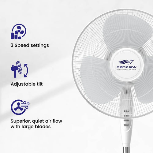 Proaira 16 Oscillating Pedestal Fan, 3 Speed Control, White