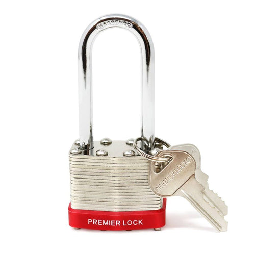 Premier Lock 1-1/2 Nickel Plated Laminated Steel Keyed Padlock with Vinyl Bumper and 2 Keys - Long Shackle