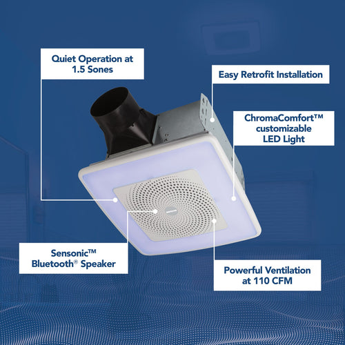 Broan-NuTone® 110 CFM, 1.5 Sones ChromaComfort™ w/ Sensonic™ Bluetooth® Speaker