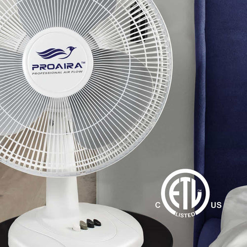 Proaira 16 Oscillating Table Fan with Adjustable Tilt, 3 Speed Control, White