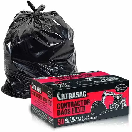 Ultrasac 42-Gallon Contractor Bag with Flaps (50-Count), Black,