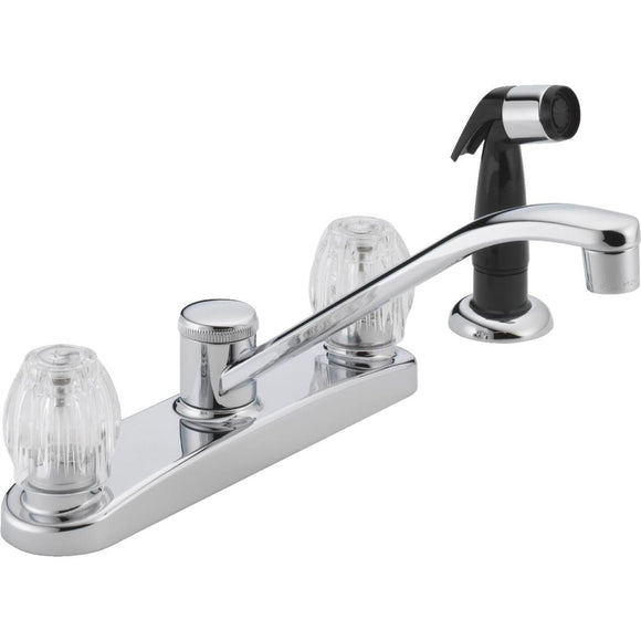 Peerless Dual Handle Knob Kitchen Faucet with Black Side Spray, Chrome