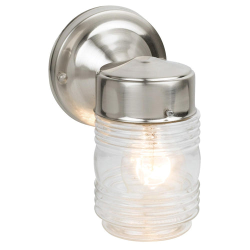 Design House Outdoor Wall-Mount Jelly Jar Lantern Sconce in Satin Nickel